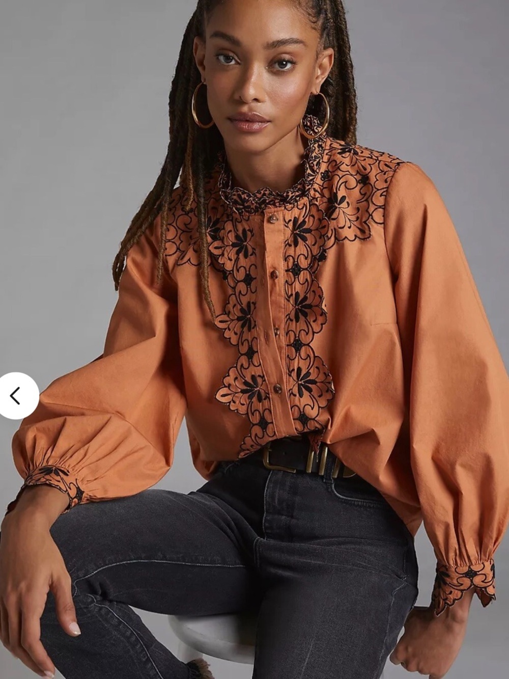 Anthropologie muted orange color blouse with embroidered scalloped detail Size 8